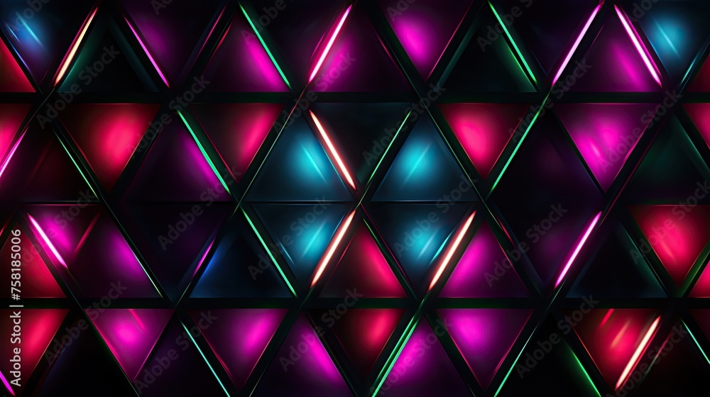 Poster geometric patterns with neon triangles and curved lines