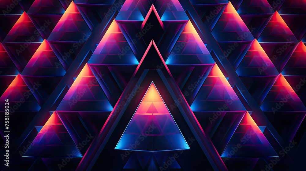 Poster geometric patterns with neon pyramids and waves