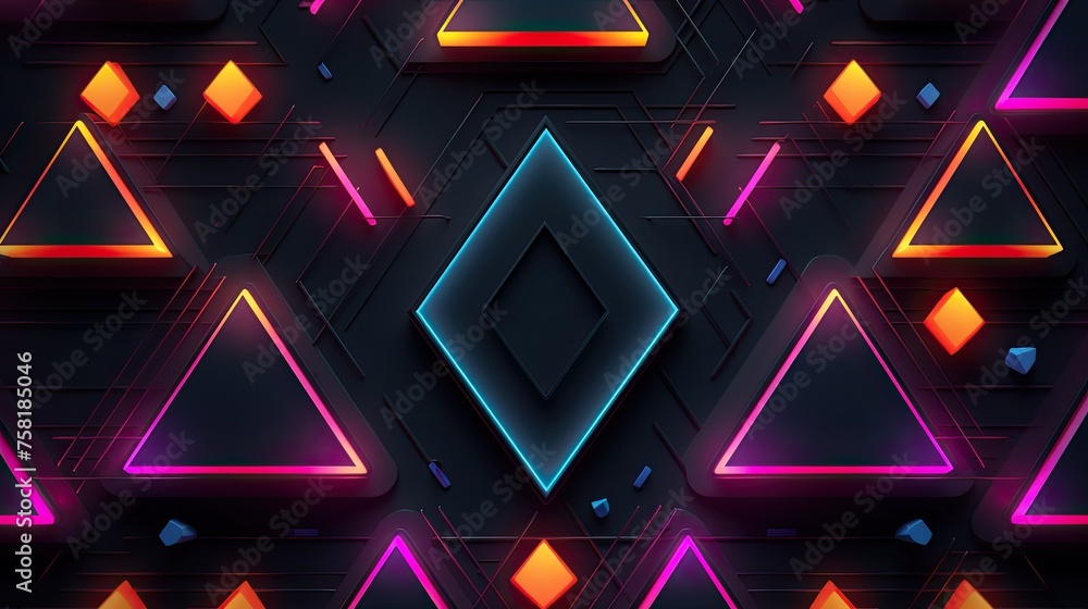 Poster geometric patterns with neon pyramids and ellipses