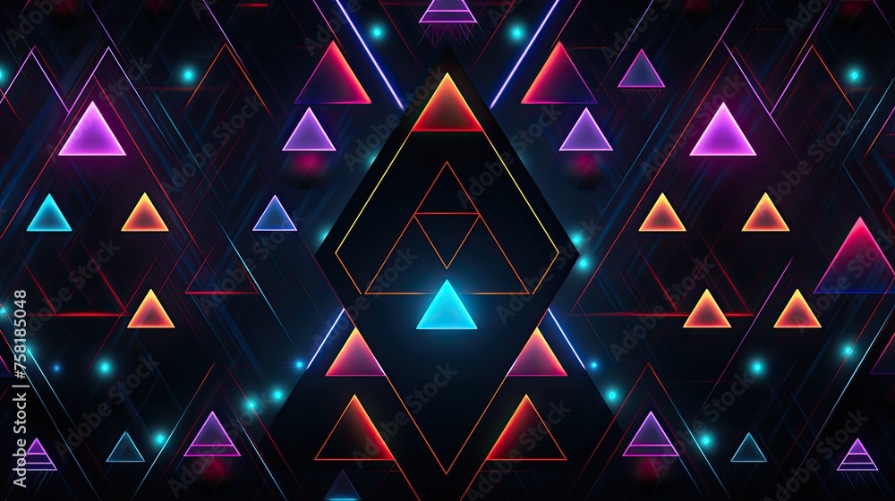 Poster geometric patterns with neon pyramids and ellipses