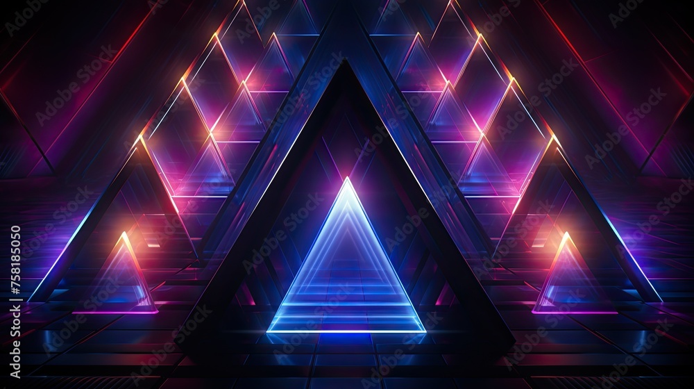 Poster geometric patterns with neon pyramids and rays of light