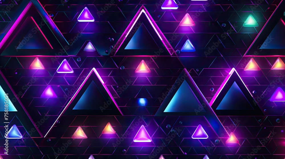 Poster geometric patterns with neon pyramids and ellipses