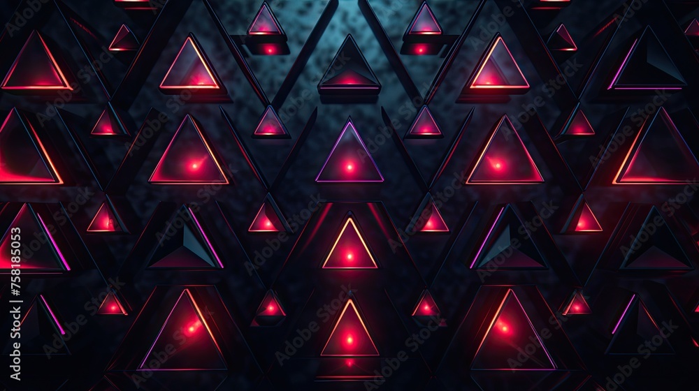 Poster geometric patterns with neon pyramids and ellipses
