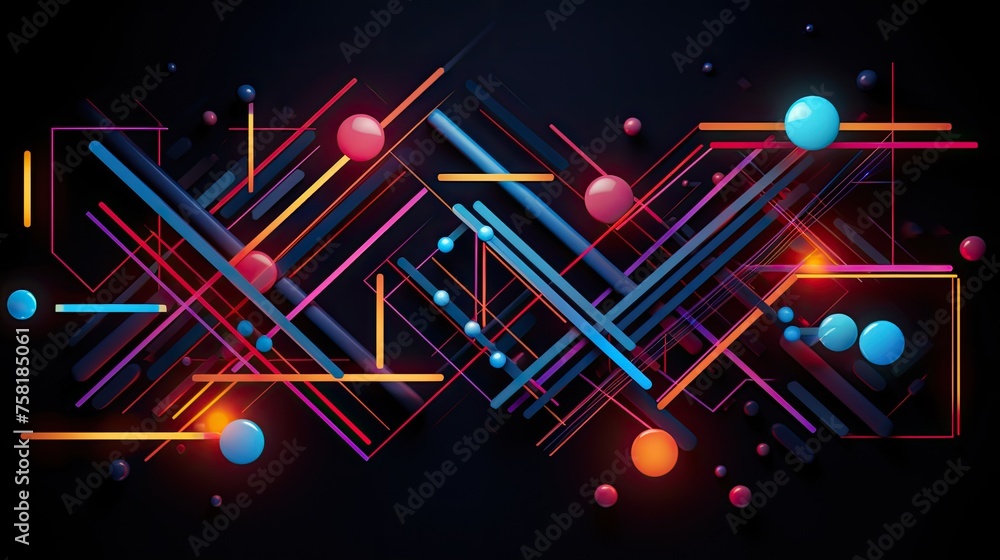 Poster geometric shapes with neon intersecting lines and swirls