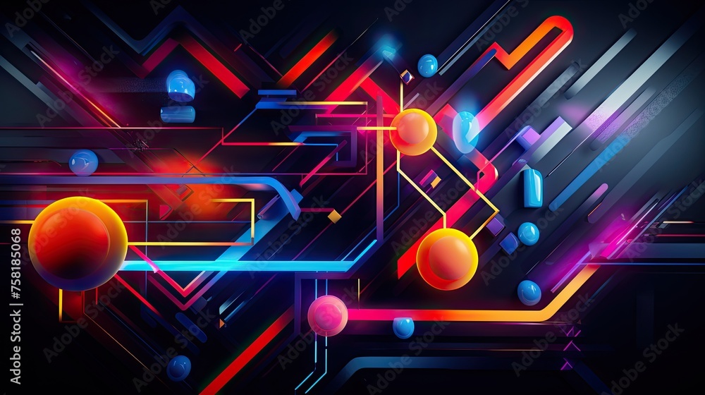 Poster geometric shapes with neon intersecting lines and swirls