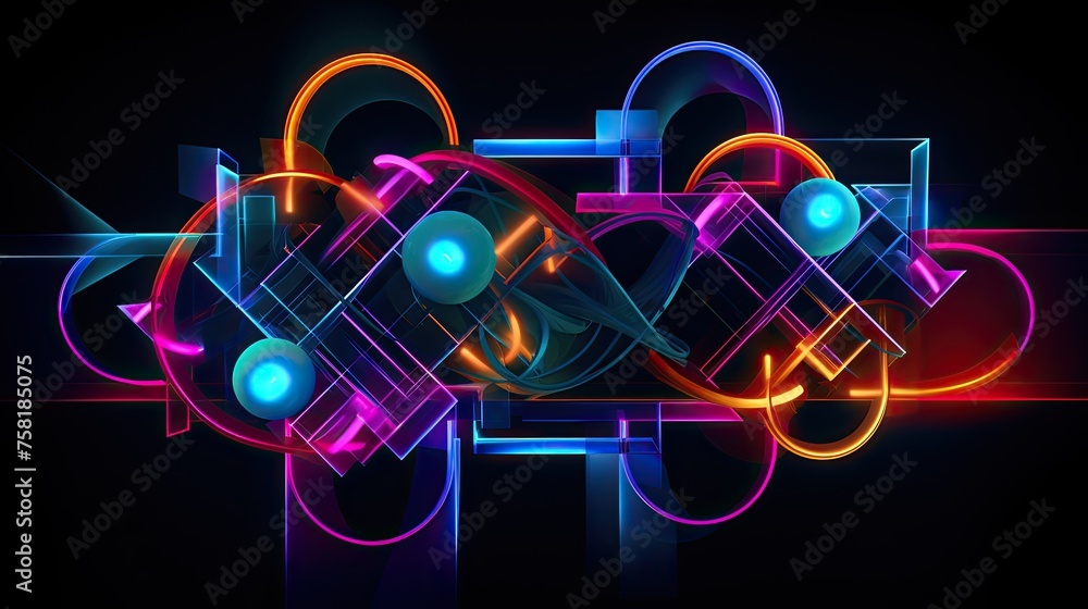 Poster geometric shapes with neon intersecting lines and swirls