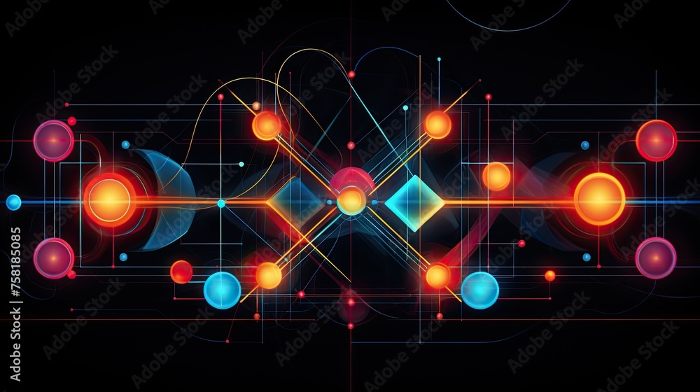 Poster geometric shapes with neon intersecting lines and swirls