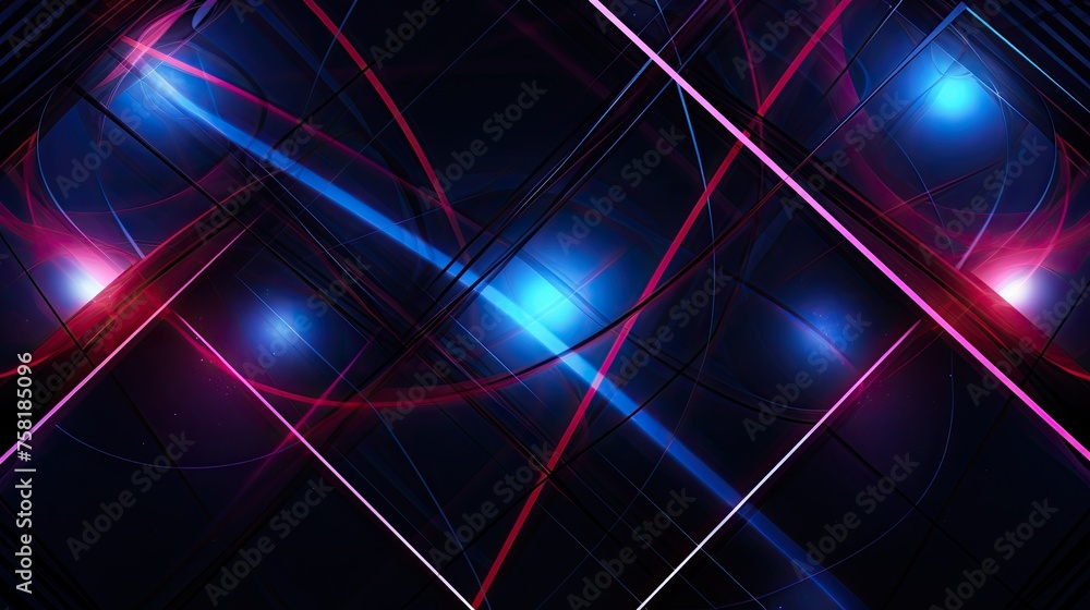Poster geometric shapes with neon intersecting lines and swirls