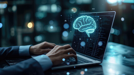 Fototapeta premium Close up laptop computer with glowing circuit brain. Artificial intelligence and communication concept, AI, Artificial Intelligence, coding on laptop computer, generative ai