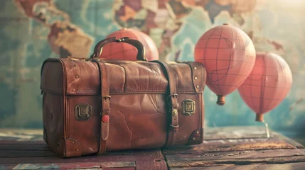 Fototapete Alte Flugzeuge A leather suitcase sits on a table with two pink balloons in the background