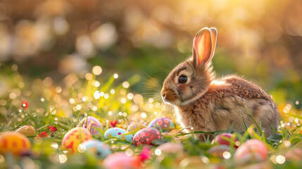 Fototapeta na wymiar Curious Rabbit in Golden Light with Decorated Easter Eggs in Blossoming Meadow.