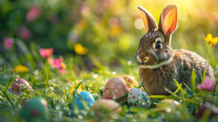 Fototapeta na wymiar Easter Bunny Amidst Colorful Eggs on Dewy Morning Grass with Spring Flowers