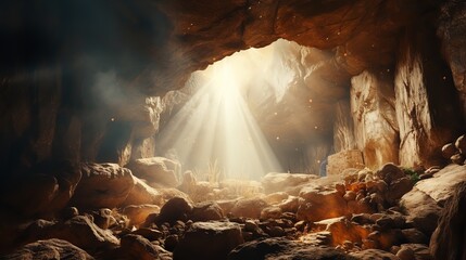 Empty Tomb with Stone Rocky Cave and Light Ray

 - obrazy, fototapety, plakaty