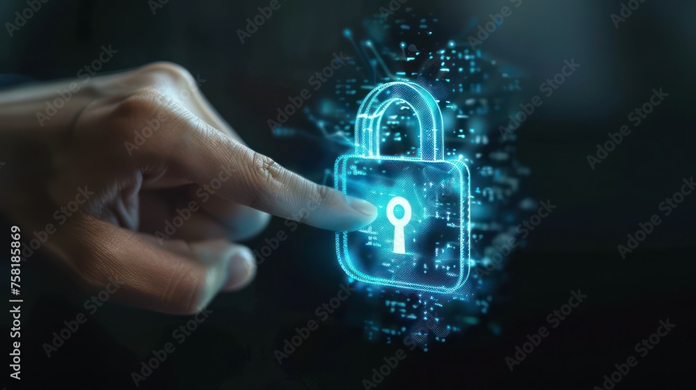Poster finger touching a blue glowing security lock symbol created with generative ai