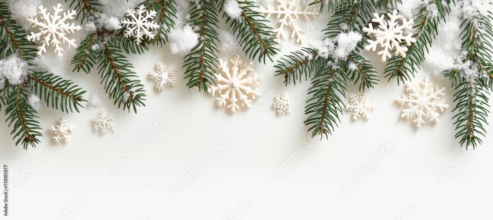 Poster snowflakes and spruce branch frame for a festive christmas background with ample space for text