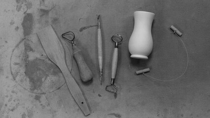Black and White Pottery Tools and Vase on Canvas