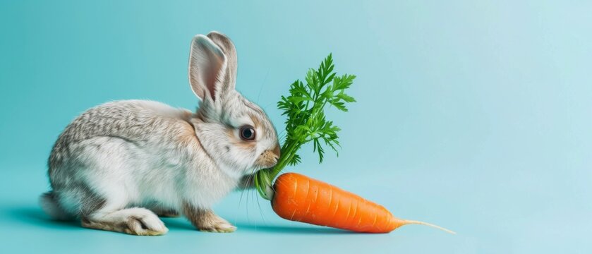 Easter holiday celebration banner greeting card - Easter bunny rabbit, eating a carott, isolated on blue background