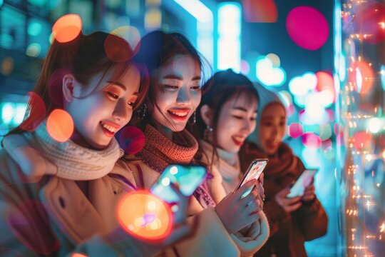 A group of young people look at a smartphone and smile against the backdrop of bright city lights