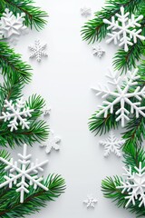 Festive christmas background with pine branches and snowflakes frame, providing ample space for text