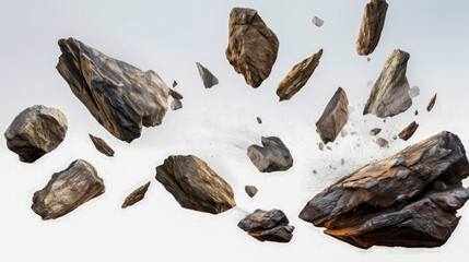 Basalt stones on gray gradient background. Creative concept of floating natural stones. Background of falling fragments of basalt. Levitation of basalt parts. Texture rock, burst. Close-up. Copy space - obrazy, fototapety, plakaty