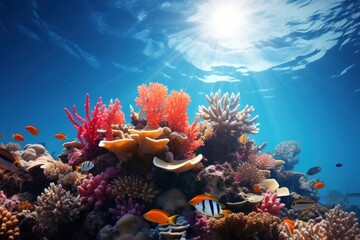 Fototapeta na wymiar Colorful fish swim among vibrant coral in an underwater ecosystem