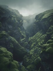 Aerial view of the Icelandic Fjardaraddur Gorge, showcasing moss-covered rocks and a winding stream under a dramatic, overcast sky.
