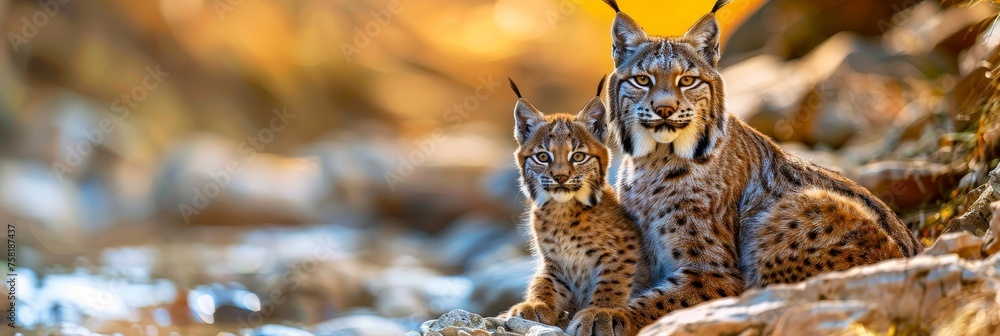 Poster portrait of a male lynx and lynx cub with significant empty space on the left for text placement