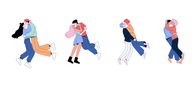 People in love collection. Vector cartoon flat illustration of diverse cartoon young people in different actions of happiness, falling in love and love sharing.