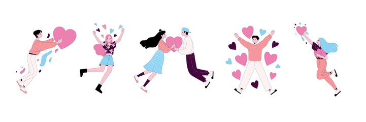 People in love collection. Vector cartoon flat illustration of diverse cartoon young people in different actions of happiness, falling in love and love sharing.