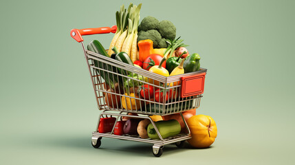 Supermarket shopping cart filled with groceries. Shopping cart full of food. Grocery and food store concept
