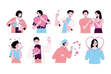 People in love collection. Vector cartoon flat illustration of diverse cartoon young people in different actions of happiness, falling in love and love sharing.