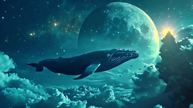 fantasy illustration of dolphin at night with moon