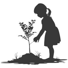 Silhouette little girl planting tree in the ground black color only
