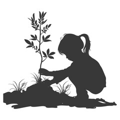 Silhouette little girl planting tree in the ground black color only