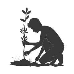 Silhouette man planting tree in the ground black color only