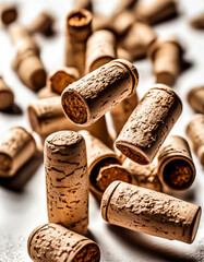 wine corks on a table. Splash of corks falling down on a white table.  Old and antique corks.