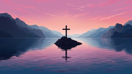 a peaceful scene depicts the silhouette of the cross in front of water - obrazy, fototapety, plakaty