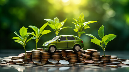Car with coins, auto tax and financing, car insurance and car loans, concept of savings money on car purchase. Small green car on pile of coins
 - obrazy, fototapety, plakaty