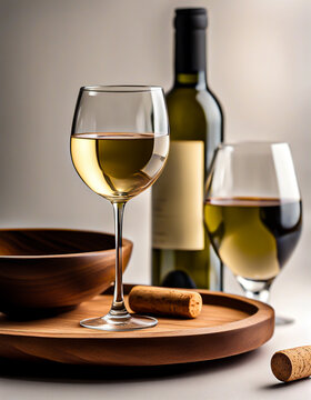 Set of white wine bottle with glasses laying on a wooden  tray with a cork. close up view. 