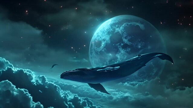 fantasy illustration of dolphin at night with moon