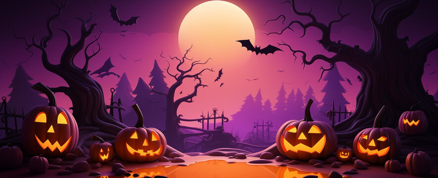Halloween background with pumpkins, scary trees and full moon in the purple sky. Halloween concept design banner template for social media or web advertising.
