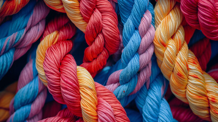 A colorful collection of ropes with a focus on the twist and texture representing strength and connection - obrazy, fototapety, plakaty