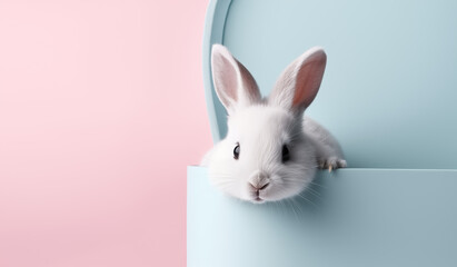 Obraz premium Cute white rabbit peeking out of the corner, pastel blue and pink background, adorable, macro photography, minimalist style