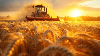 Fototapeta premium A tractor is driving through a field of wheat.