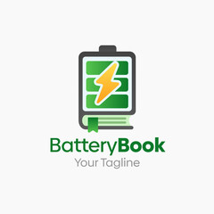 Illustration Vector Graphic Logo of Battery Book. Merging Concepts of a Book and Battery Shape. Good for Education, Course, Learning, Academy, Manual Book etc