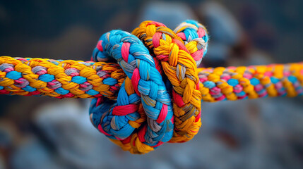 Focus on the intricate knotting of various colored ropes showing the concept of complexity and connection