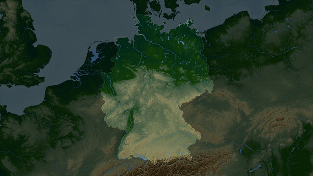 Germany highlighted. Physical elevation map
