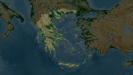 Greece highlighted. Physical elevation map