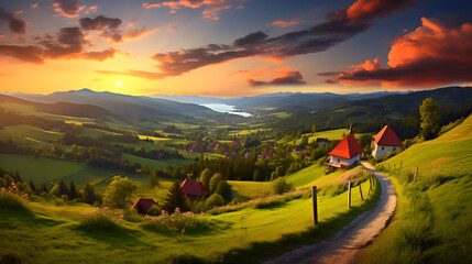 Sunset in the Mountain Valley: A nurturing embrace of nature in the heart of Czech - obrazy, fototapety, plakaty