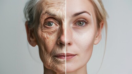 portrait of a person, photo of a comparison showcasing old and young woman's skin. on the left depicts her face extreme wrinkles while on the right reveals significant glowing skin.